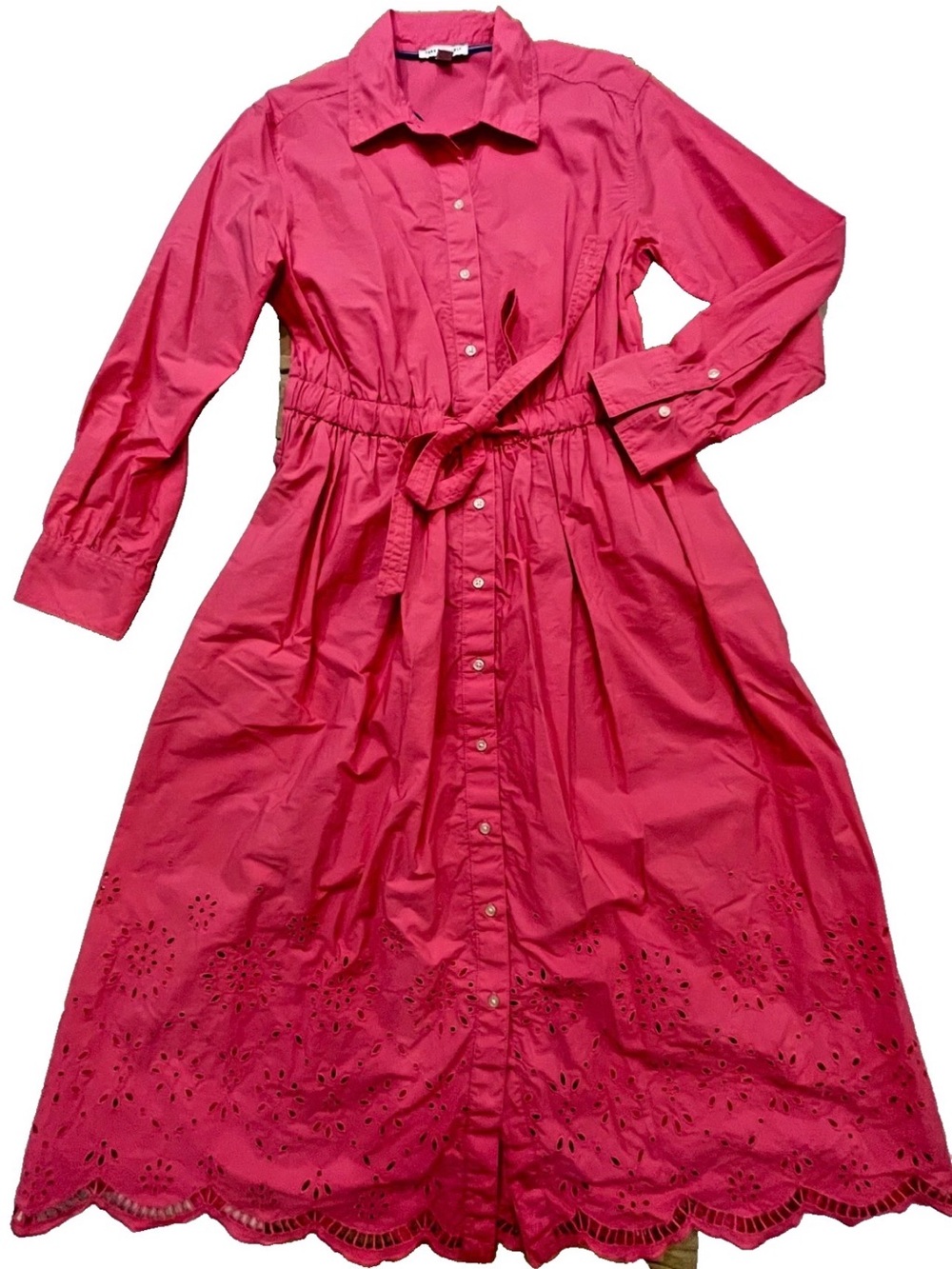 Free People Bright Pink Eyelet-Hem Maxi Shirt Dress